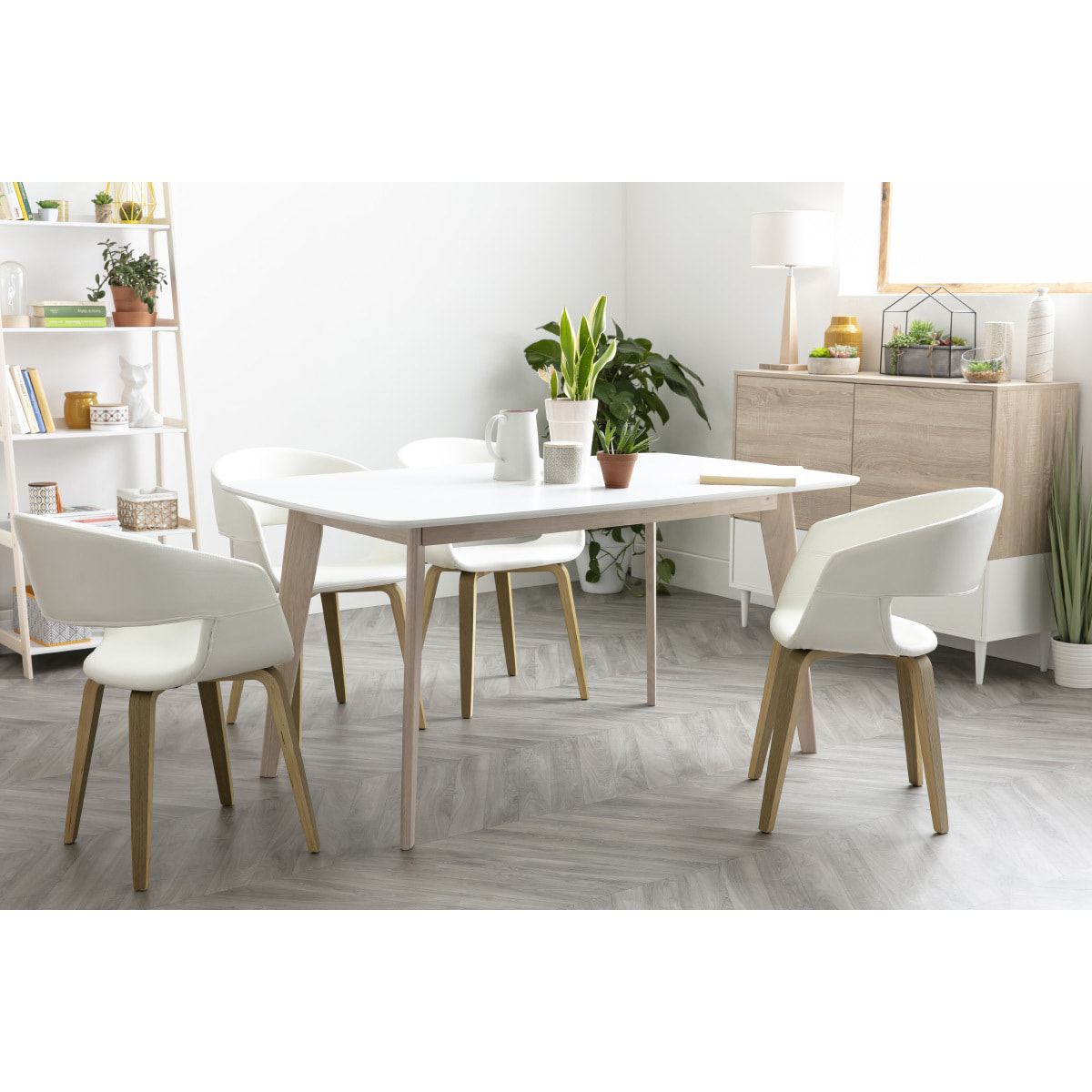 Table à manger scandinave blanc et bois clair rectangulaire L150 cm LEENA