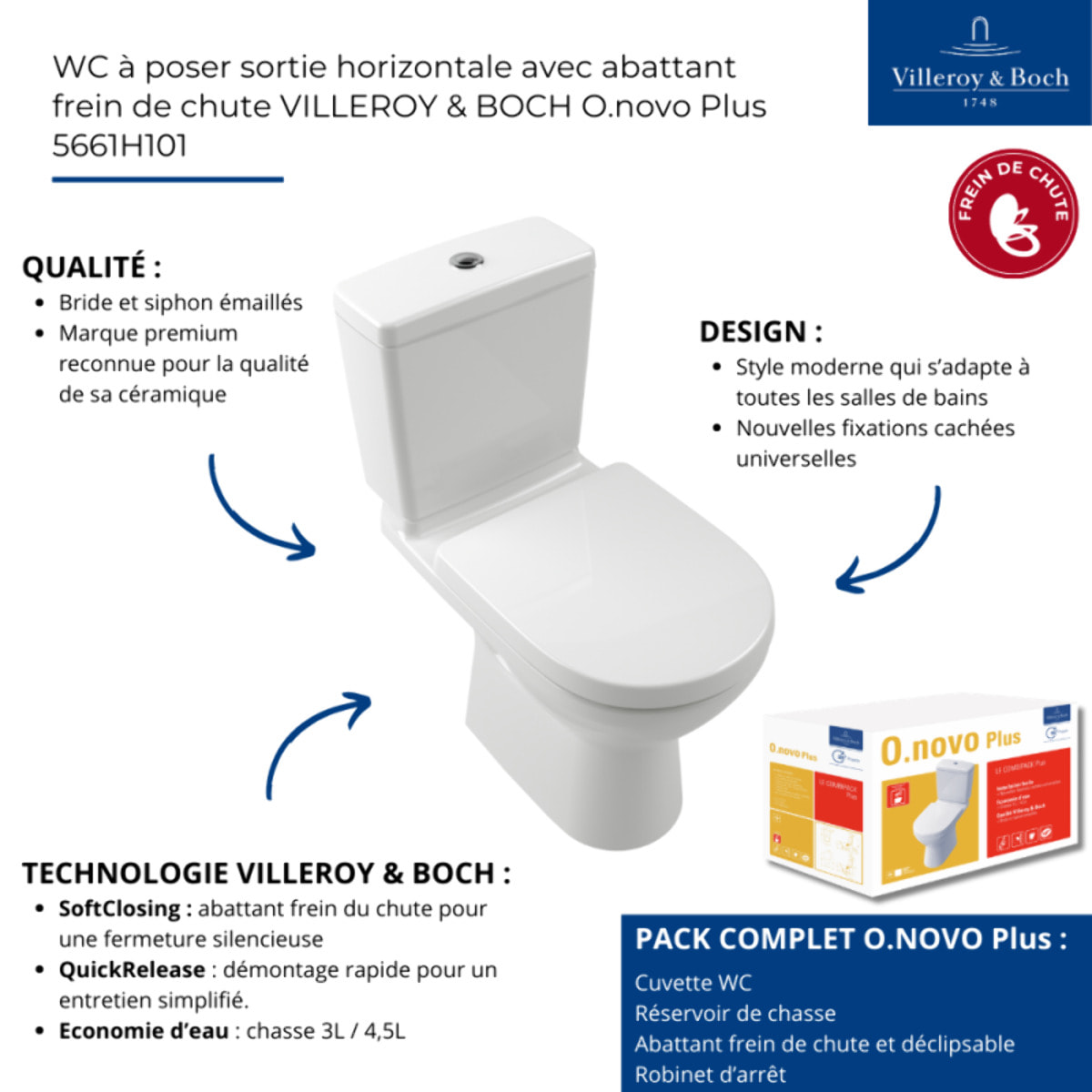 WC à poser sortie horizontale VILLEROY & BOCH O.novo Plus avec abattant frein de chute déclipsable