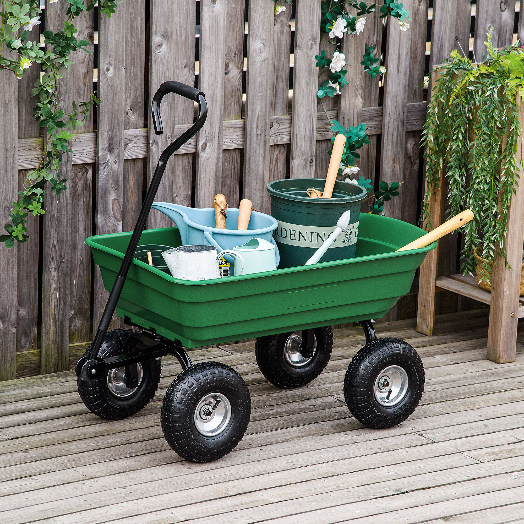 Chariot de Jardin 100L max. 250 Kg 4 roues pneumatiques poignée réglable noir vert
