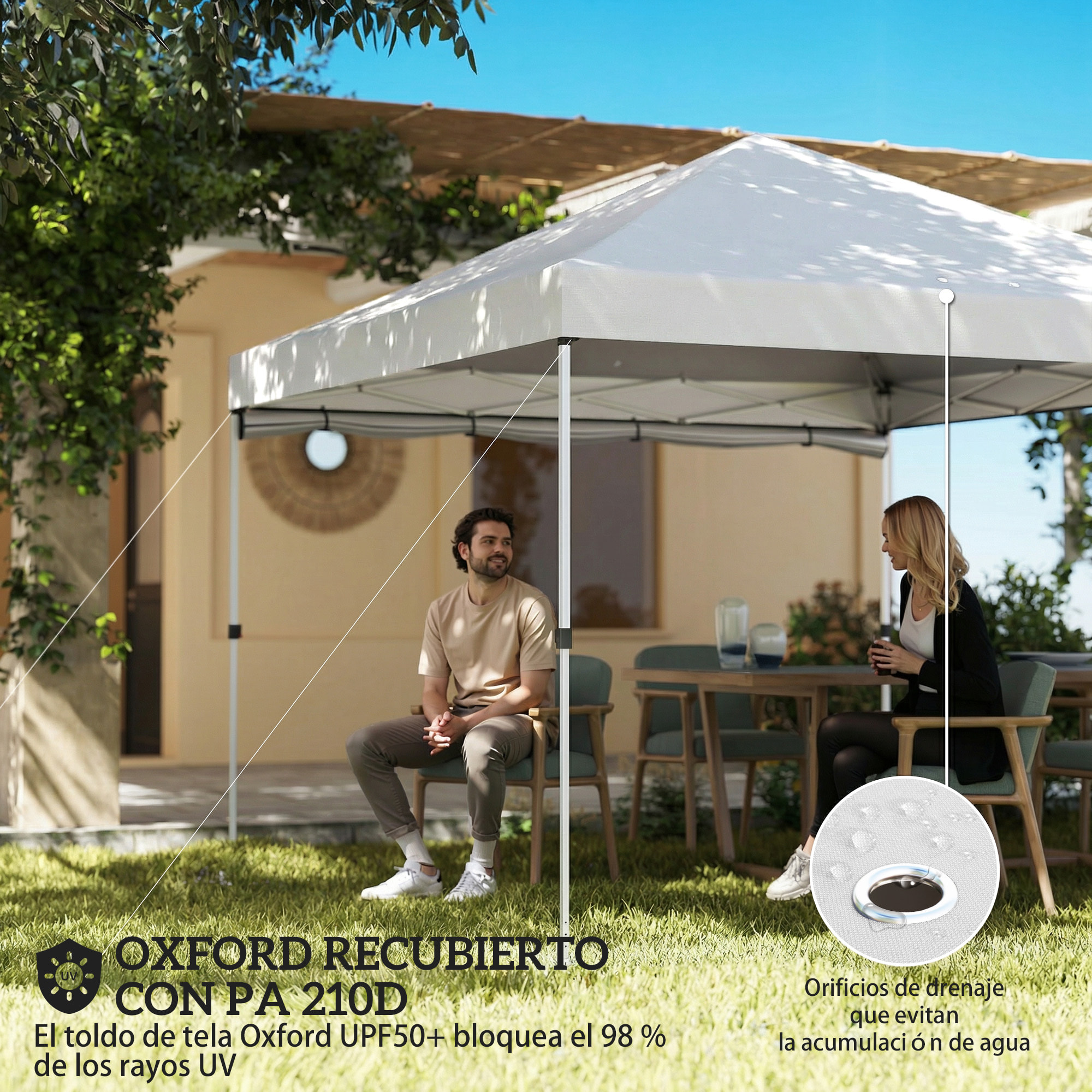 Carpa Plegable 3x3 m, Pop-up, con Pared Lateral, Cenador de Jardín con Protección UPF50+, Empuje Central, Altura Ajustable, Bolsa de Transporte, Gazebo para Camping, Exterior, Blanco