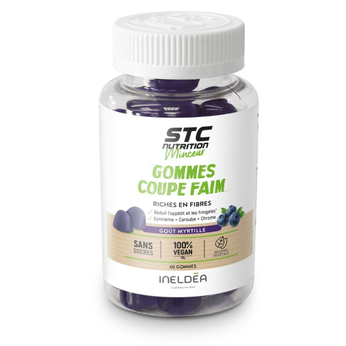 STC NUTRITION - Gommes Coupe Faim - Complément alimentaire sans sucres - Plantes, Chrome et Fibres - Réduit l'appétit et fringales - Soutien les objectifs de perte de poids - Goût myrtille - 60 gommes