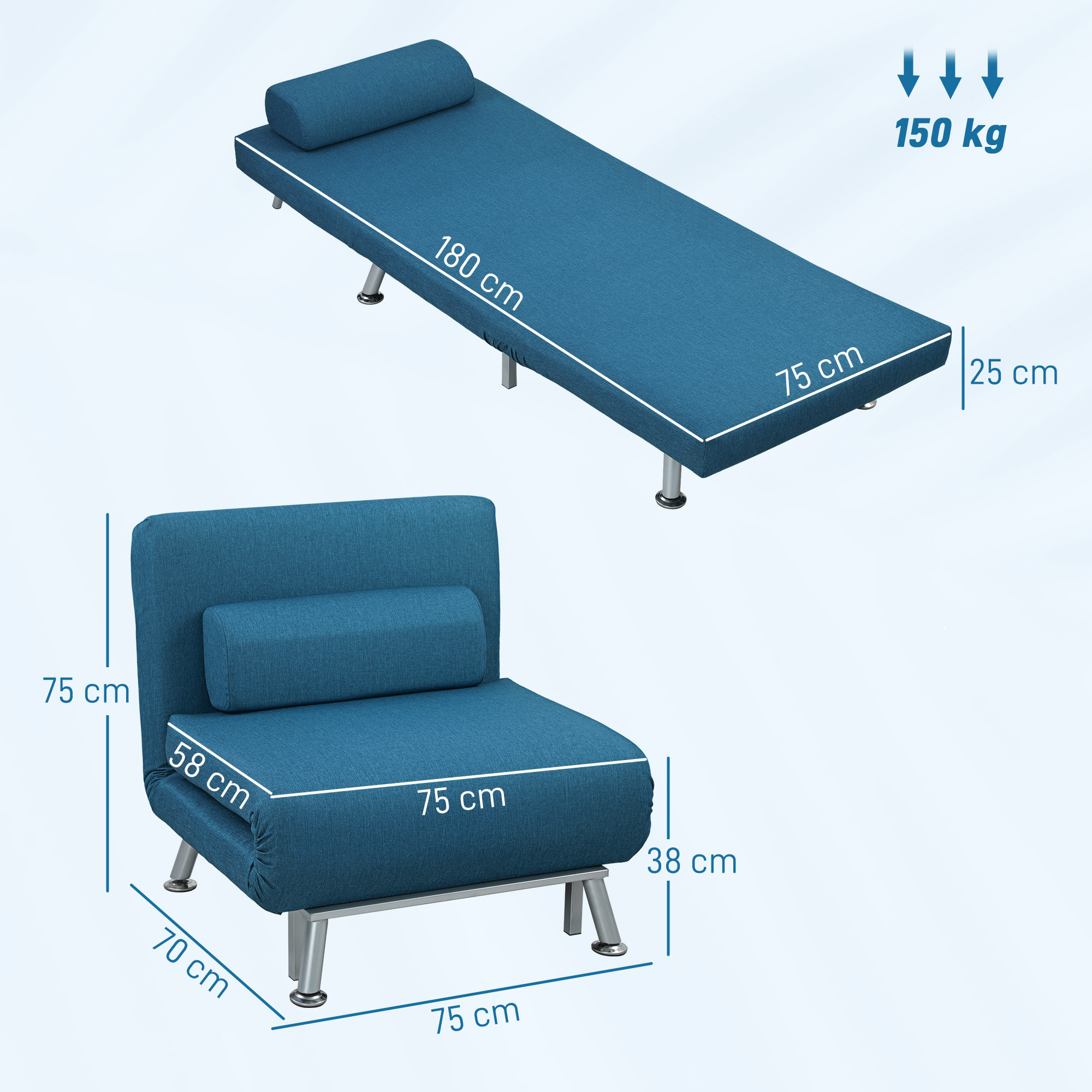 Fauteuil convertible 3 en 1 chauffeuse lit avec coussin bleu canard