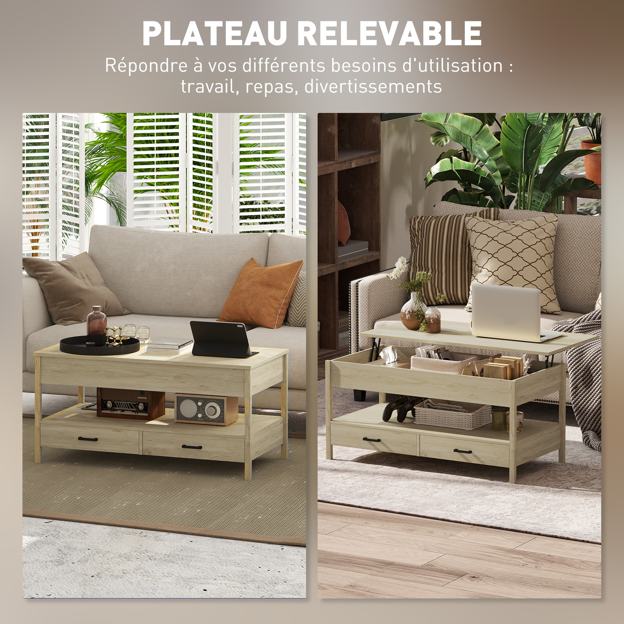 Table basse relevable 2 tiroirs étagère grand compartiment rangement dim. 100 x 50 x 62 cm effet bois clair