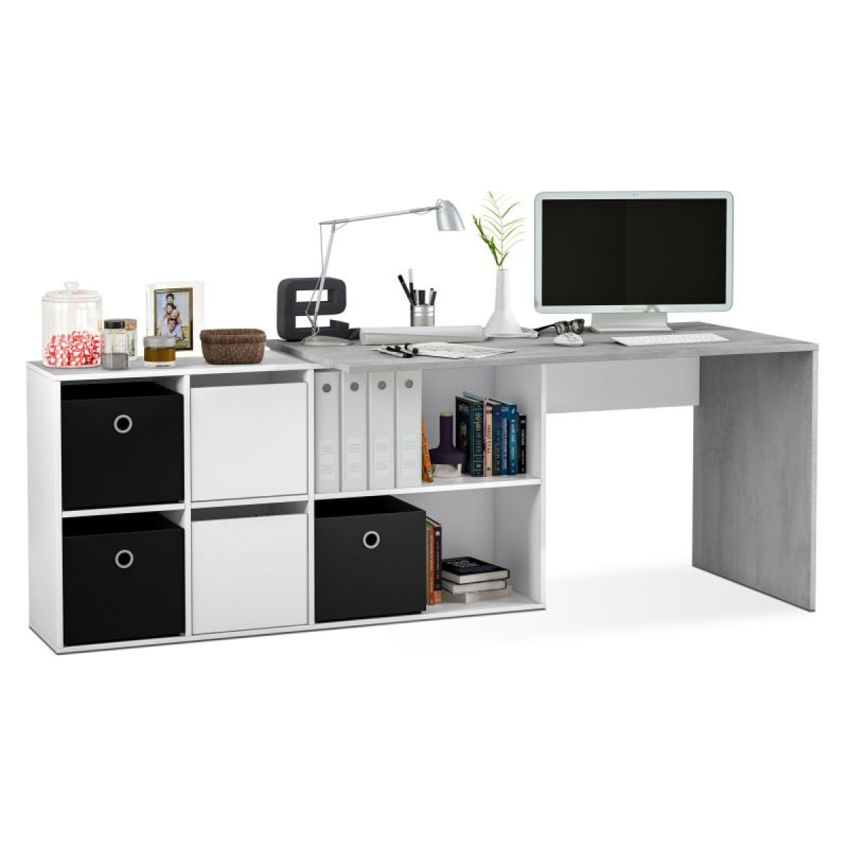 Mesa de escritorio multiposición en blanco mate y gris cemento 136x139 cm Adapta XL Blanco Artik (Blanco Mate) - Gris Cemento