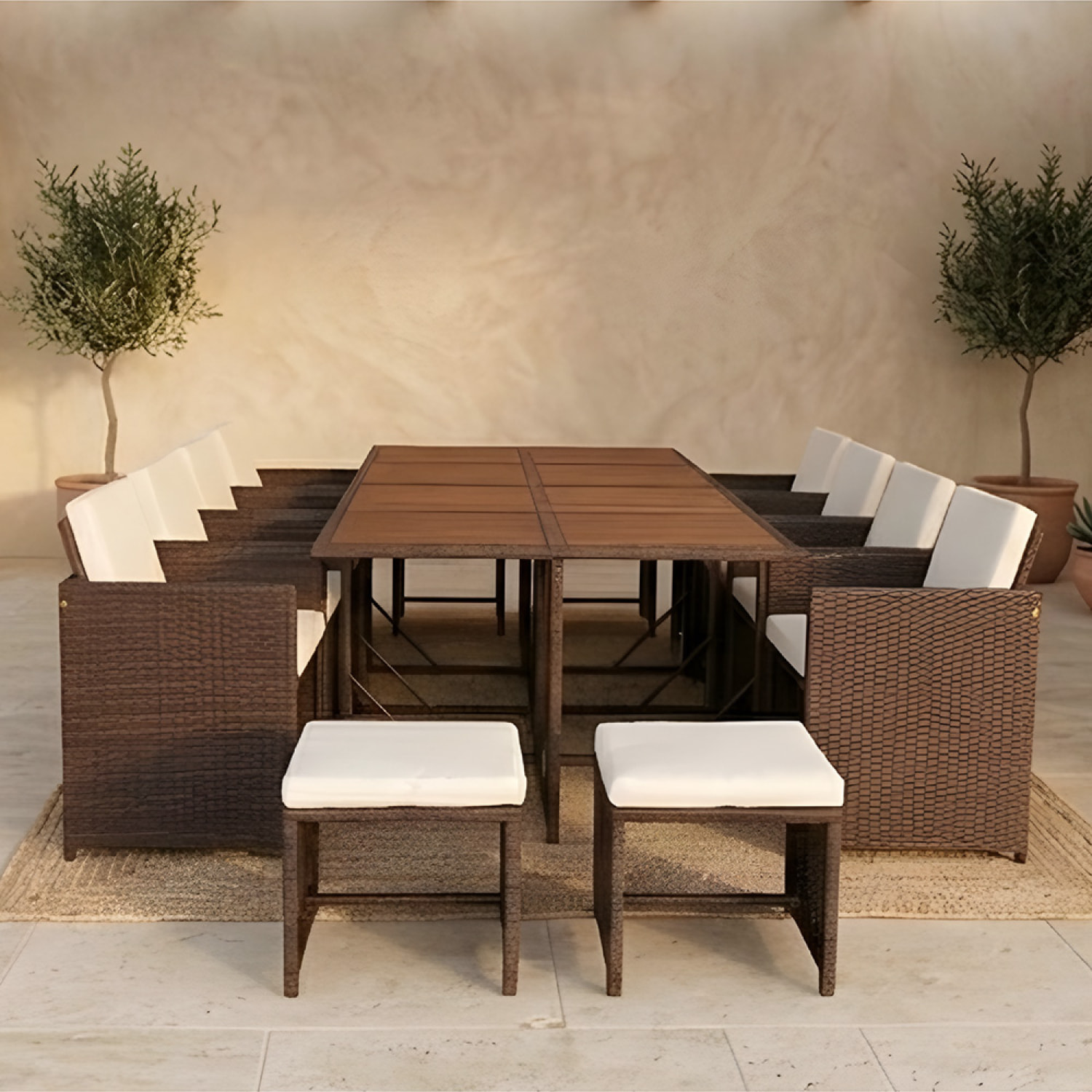 Salon de jardin 12 pl en résine marron et coussins beige + housse CASCO