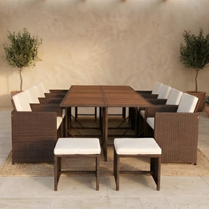 Salon de jardin 12 pl en résine marron et coussins beige + housse CASCO