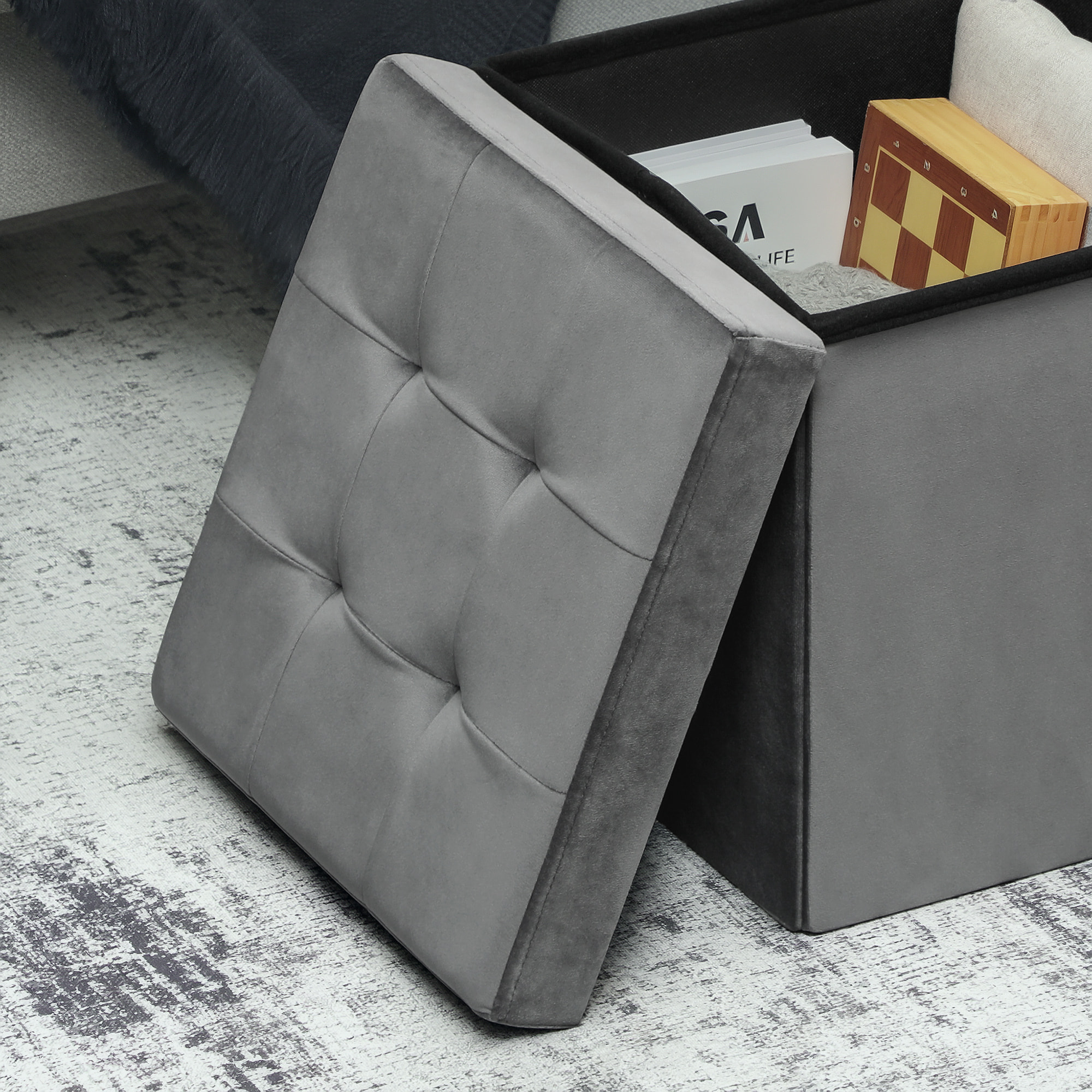 Pouf coffre velours effet capitonné pliable - pouf de rangement - dim. 38x38x38cm - gris