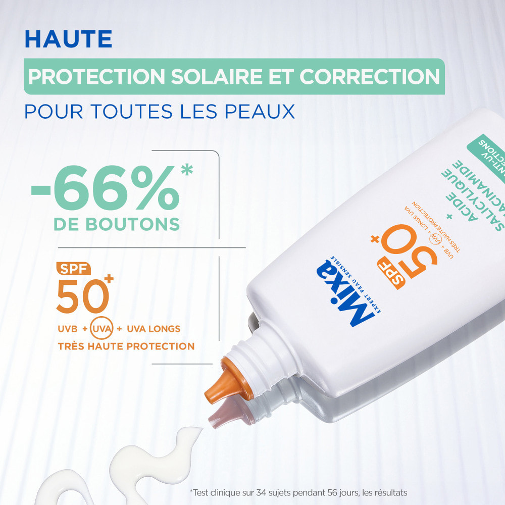 Mixa Fluide quotidien Anti-UV & Anti-Imperfections pour les peaux à imperfections, enrichi en acide salicylique et en niacinamid