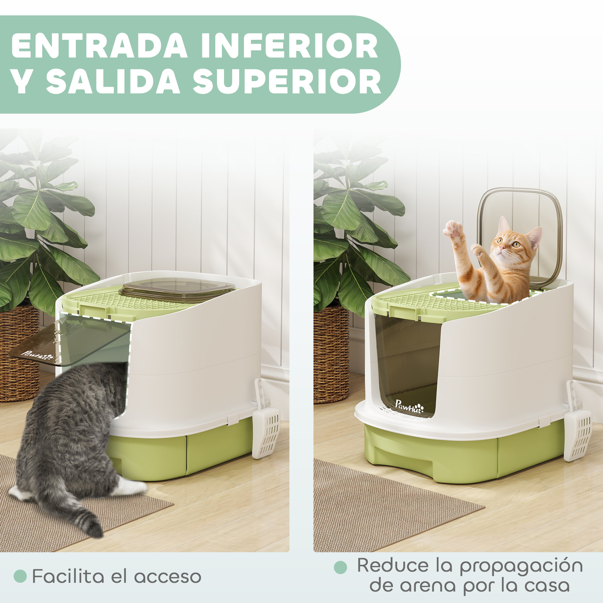 Arenero para Gatos Cubierto Caja de Arena para Gatos Arenero Cerrado con Entrada Frontal Salida Superior Tapa Removible Bandeja Extraíble y Pala 40,5x52,5x42,5 cm Blanco y Verde