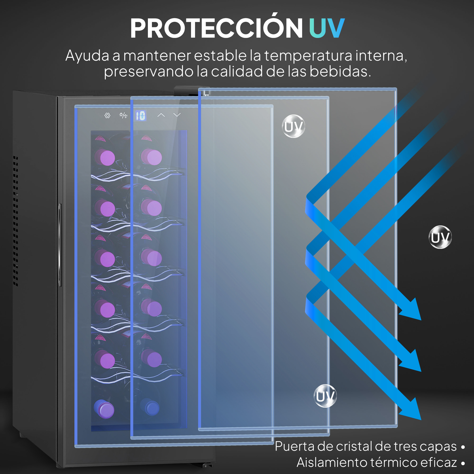 Vinoteca 12 Botellas, Nevera para Vinos con Doble Refrigeración Termoeléctrica, Temperatura Ajustable 8-18℃, Puerta de Vidrio, Anti-UV, Pantalla LED, Luz Interior, Negro