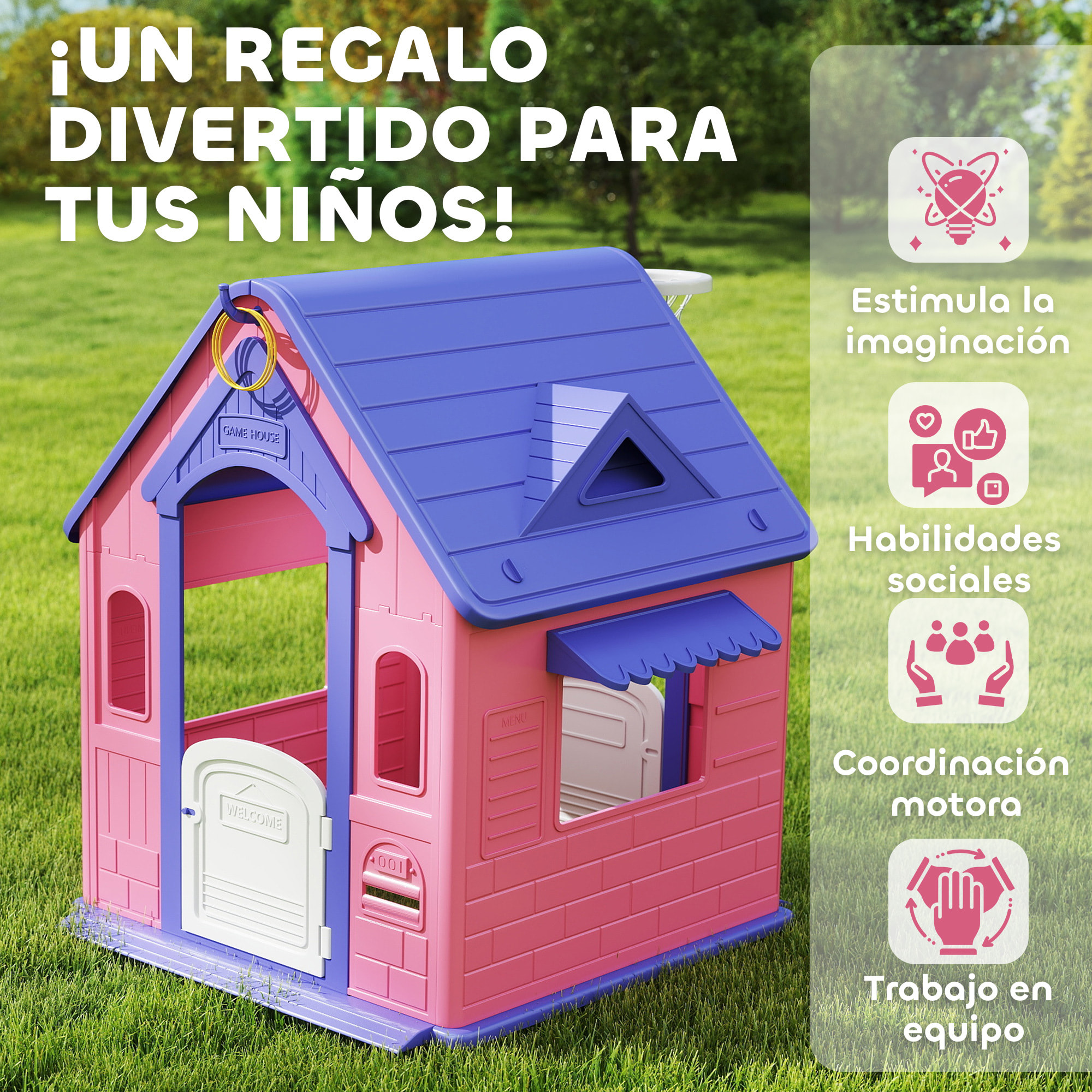 Casita Infantil Exterior e Interior 3 en 1, Casita Infantil de Jardín con Lanzamiento de Aros, Baloncesto, Casa de Juegos para Niños de 2-5 Años, Rosa y Morado