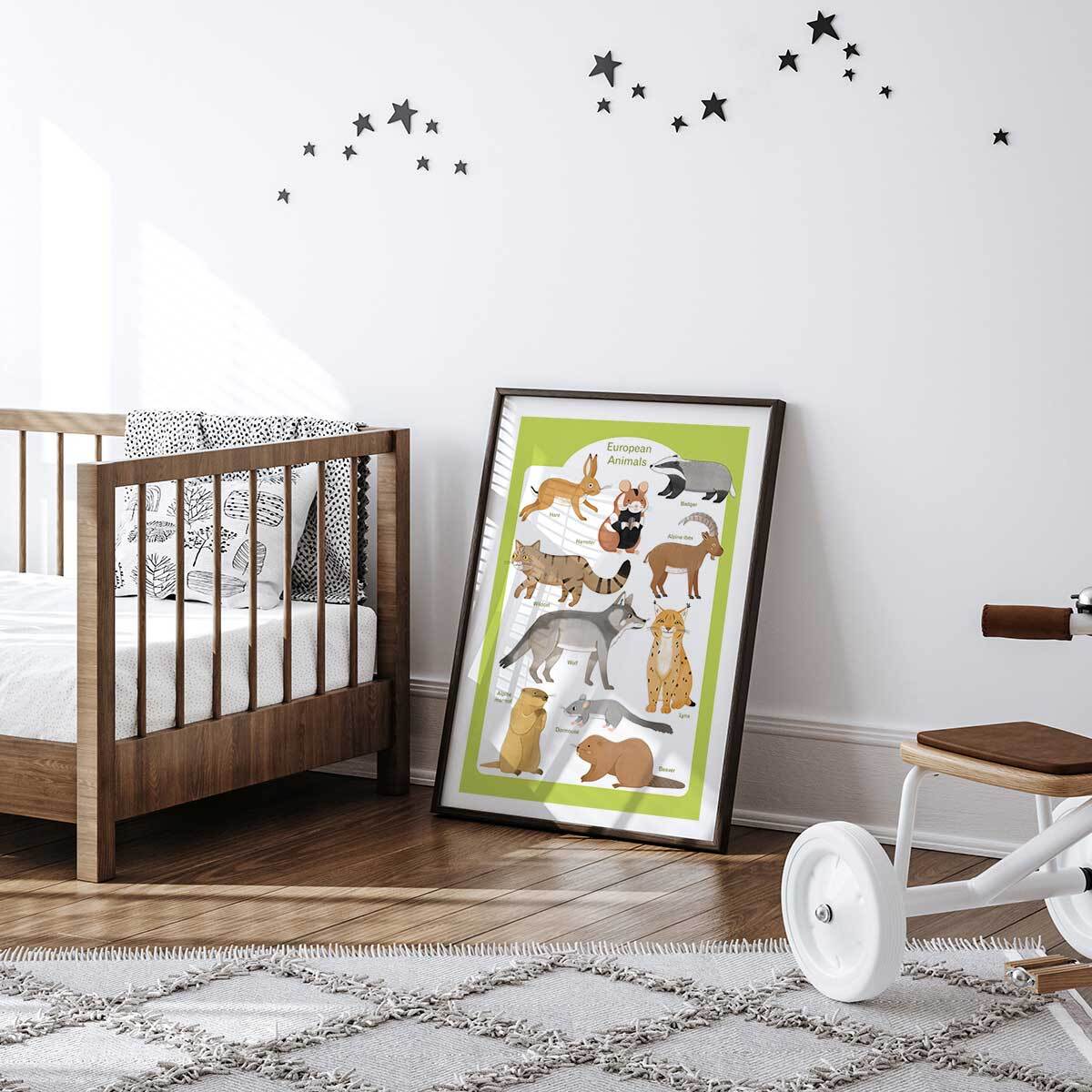 Affiche enfant animaux d'europe  Affiche + cadre en bois - Noir