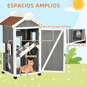 Casa para Gatos de Madera 59x55x109 cm Caseta para Gatos de 3 Niveles Refugio para Gatos con Techo Asfáltico Plataformas y Escalera para Exterior Gris