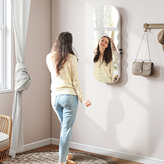 Espejo Joyero con Luz LED de 3 Colores, Armario Joyero Montado en la Pared o en la Puerta, Armario para Joyas con Cerradura, Espejo Entero, Diseño Ondulado, Blanco