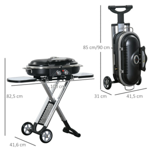 Barbacoa de Gas Plegable con 2 Quemadores 2,34 KW BBQ de Gas con 2 Ruedas 2 Parrillas Metálicas y 2 Mesas Laterales para Pícnic Camping 100x41,6x82,5 cm Negro