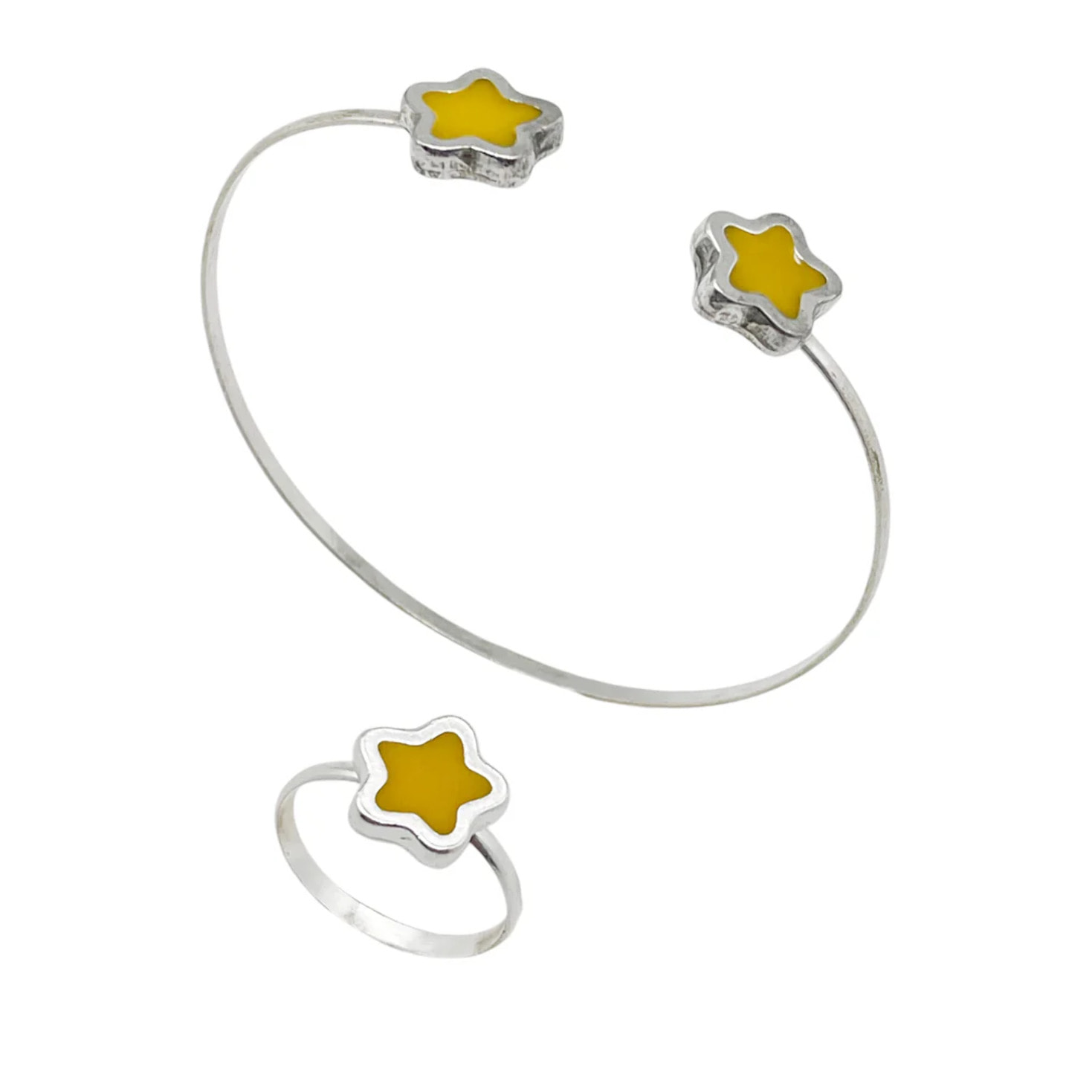 Conjunto Colors Flor Pulsera y anillo plata 10µ Mostaza