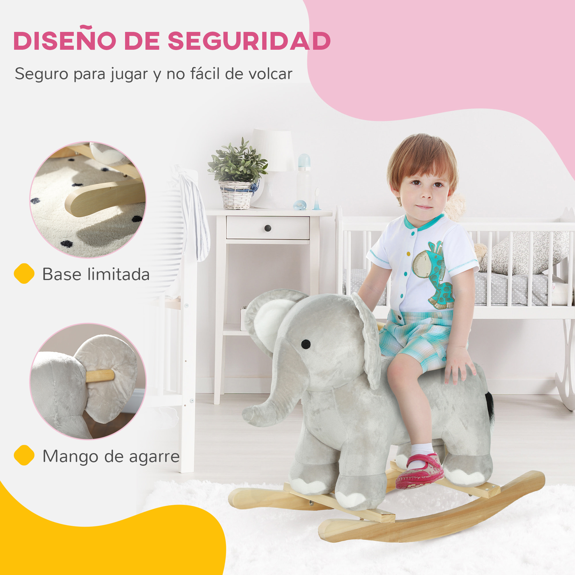 Caballo Balancín para Niños de 2-4 Años Caballo de Juguete en Forma de Elefante con Sonido Asas y Base de Madera Carga 40 kg 64,5x31x52 cm Gris