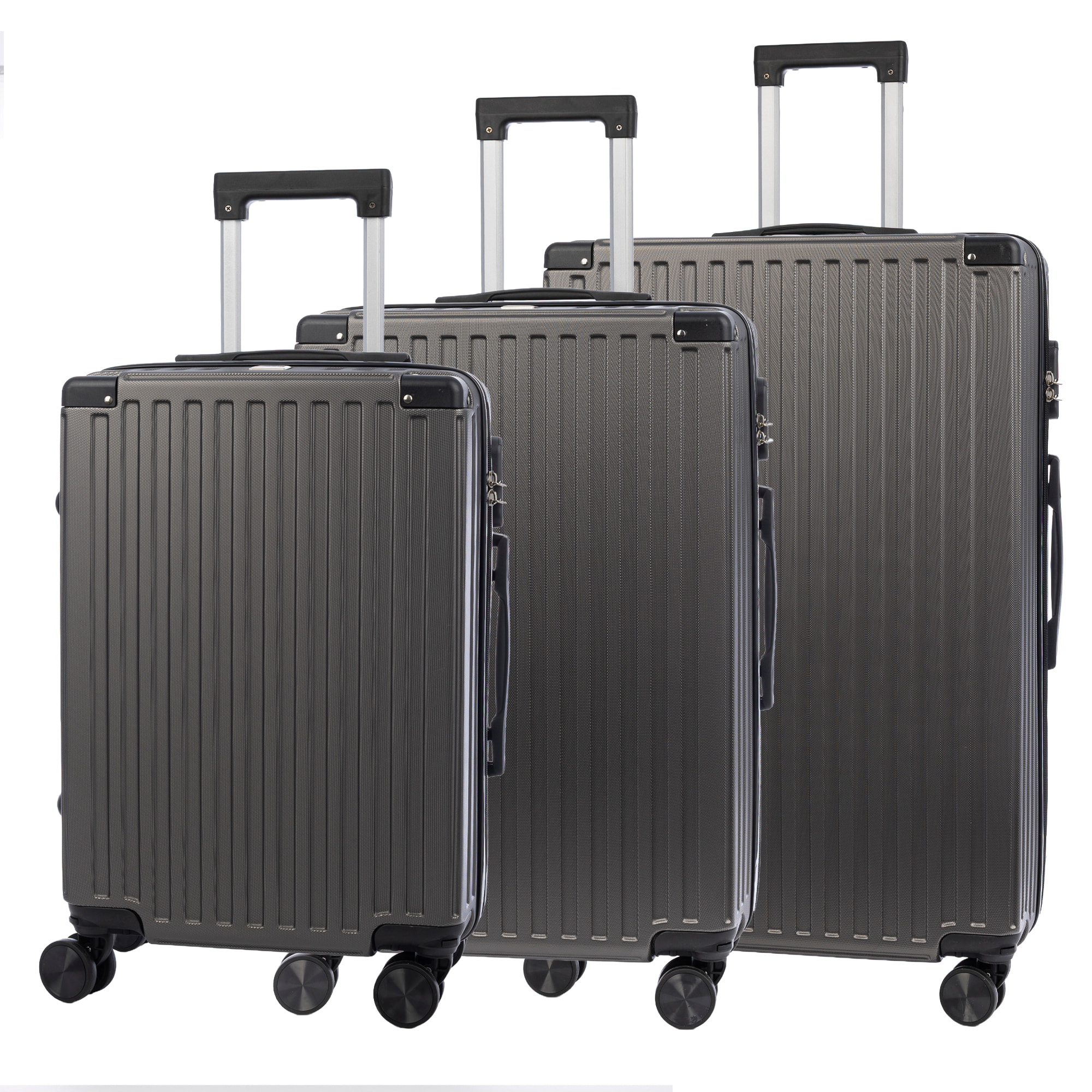 Juego de 3 maletas Trolley, en material ligero ABS de alta resistencia con esquinas reforzadas. Cerradura numérica y 4 ruedas dobles extraíbles y giratorias 360°.