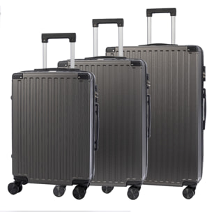 Juego de 3 maletas Trolley, en material ligero ABS de alta resistencia con esquinas reforzadas. Cerradura numérica y 4 ruedas dobles extraíbles y giratorias 360°.