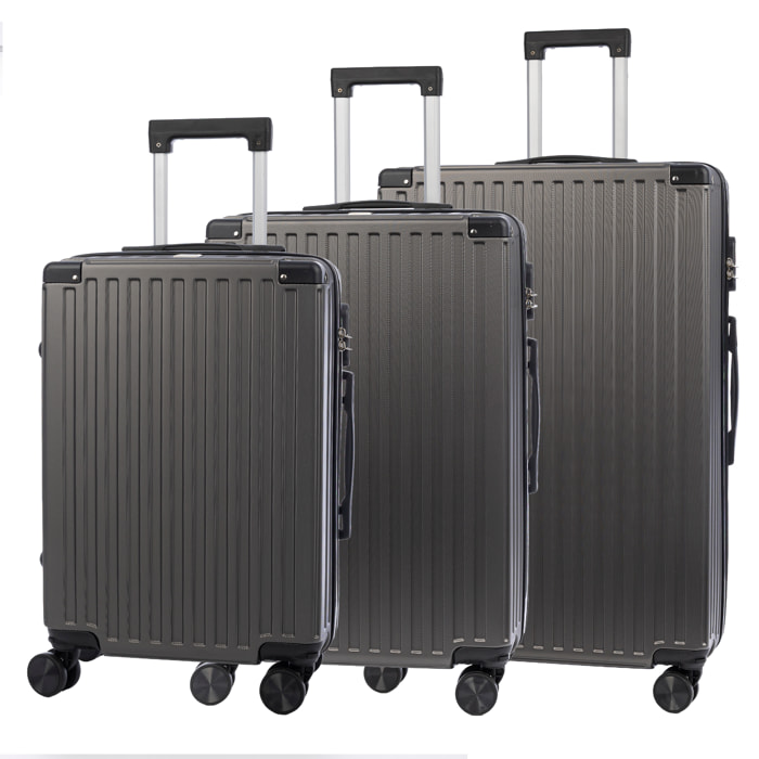 Juego de 3 maletas Trolley, en material ligero ABS de alta resistencia con esquinas reforzadas. Cerradura numérica y 4 ruedas dobles extraíbles y giratorias 360°.