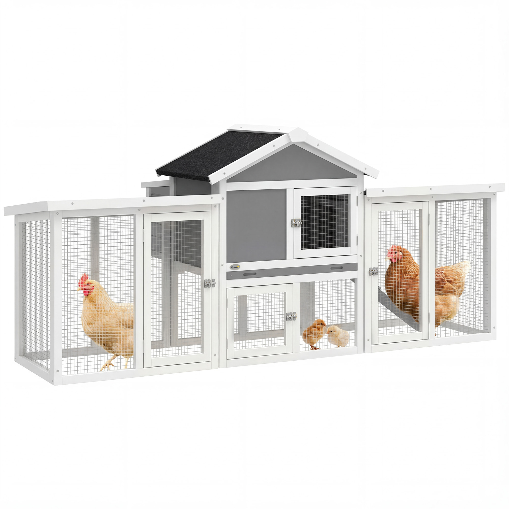 Gallinero para Exterior Grande de Madera, 204x85x93 cm, Gallinero con Caja de Anidación, Corral, Bandeja Extraíble, Techo Impermeable, Rampa y Percha, Jaula para Conejos, Patos, Gris