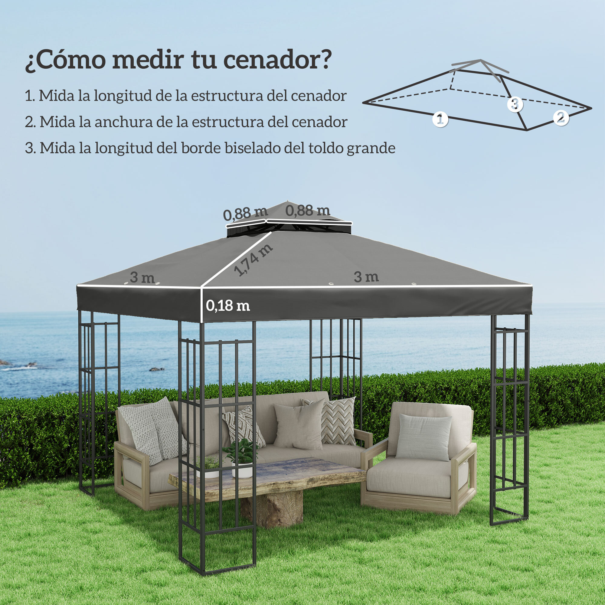 Techo de Repuesto para Cenador, 3x3 m, Cubierta de Repuesto con Techo Doble, Orificios de Drenaje y Protección UPF30+, SOLO Toldo de Recambio para Pabellón Gazebo, Gris Oscuro