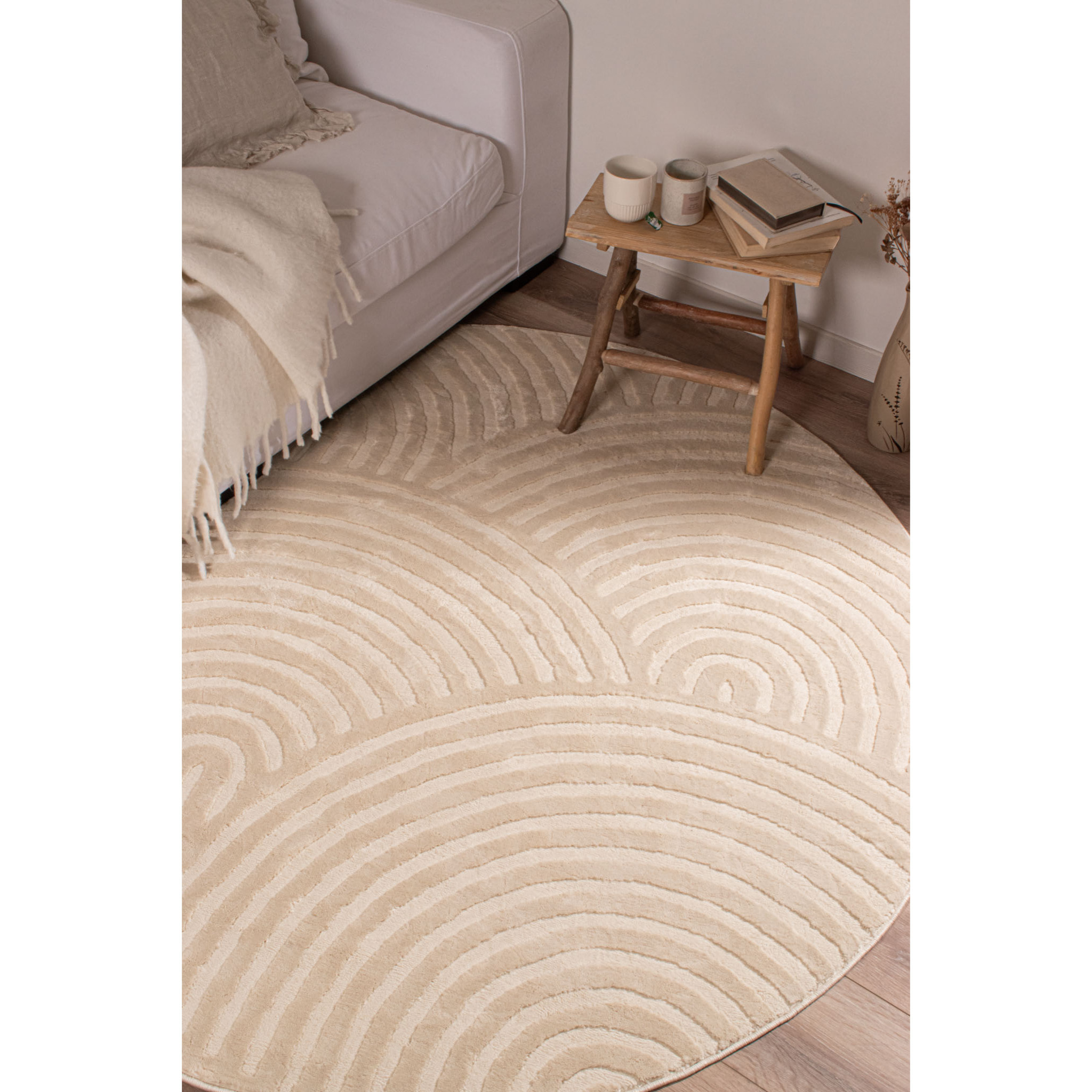 BIANCA - Tapis rond à motif arc en ciel en relief - Crème