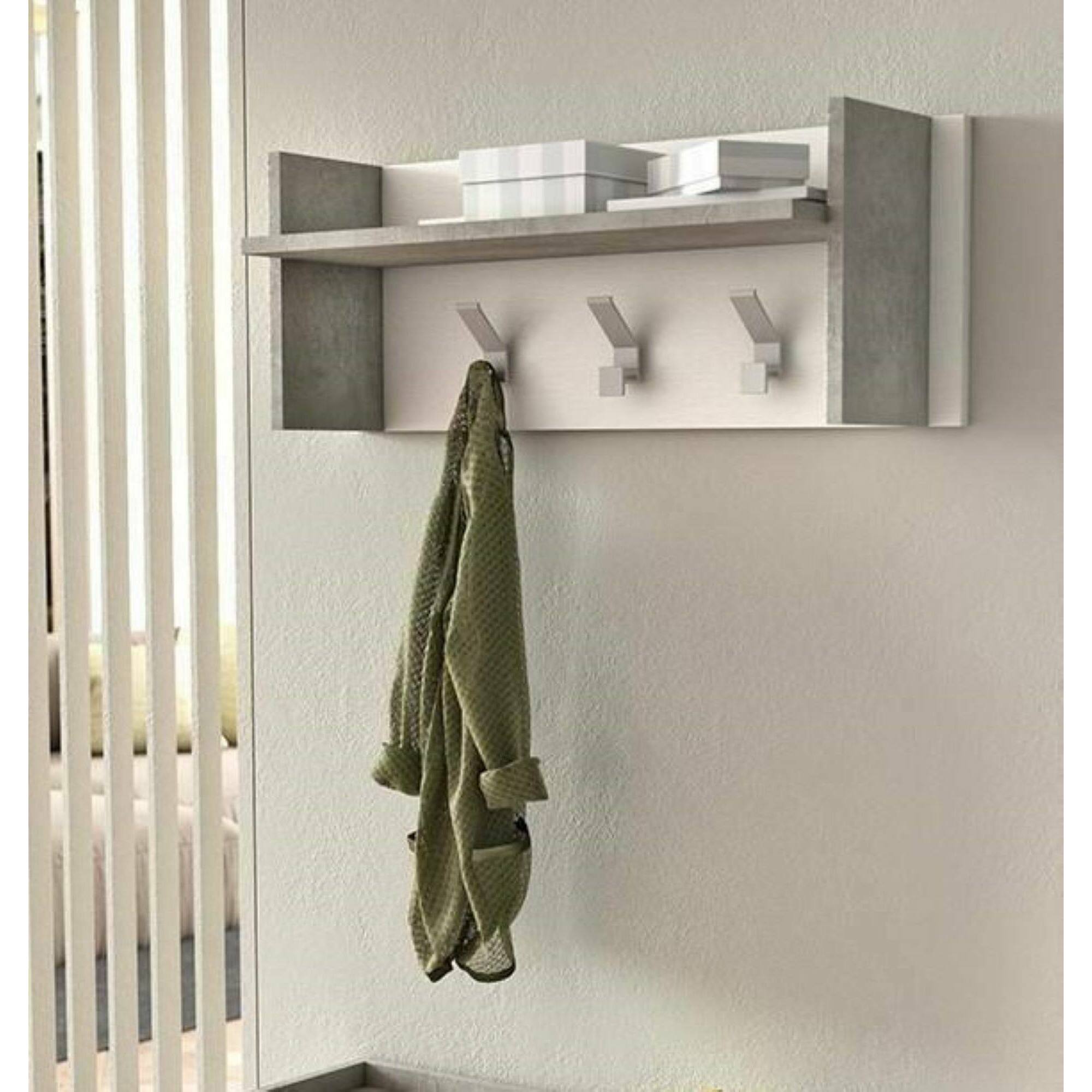 Mobile da ingresso Narciso, Mobile appendiabiti con 3 ganci, Mensola portaoggetti da ingresso, 100% Made in Italy, Cm 90x29h34, Bianco e Cemento