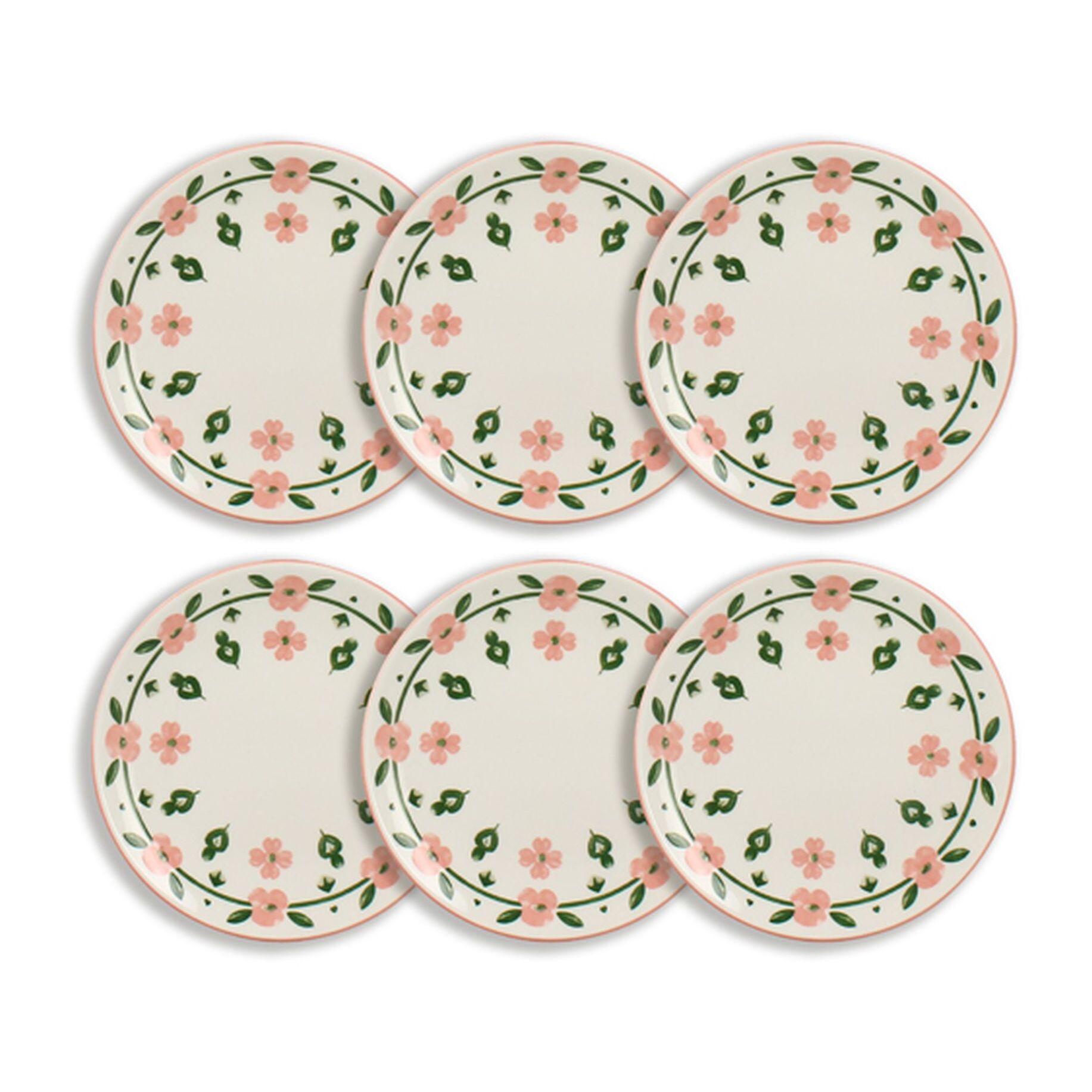 Lot de 6 assiettes à dessert 19cm en porcelaine blanc et rose floral PRIMAVERA