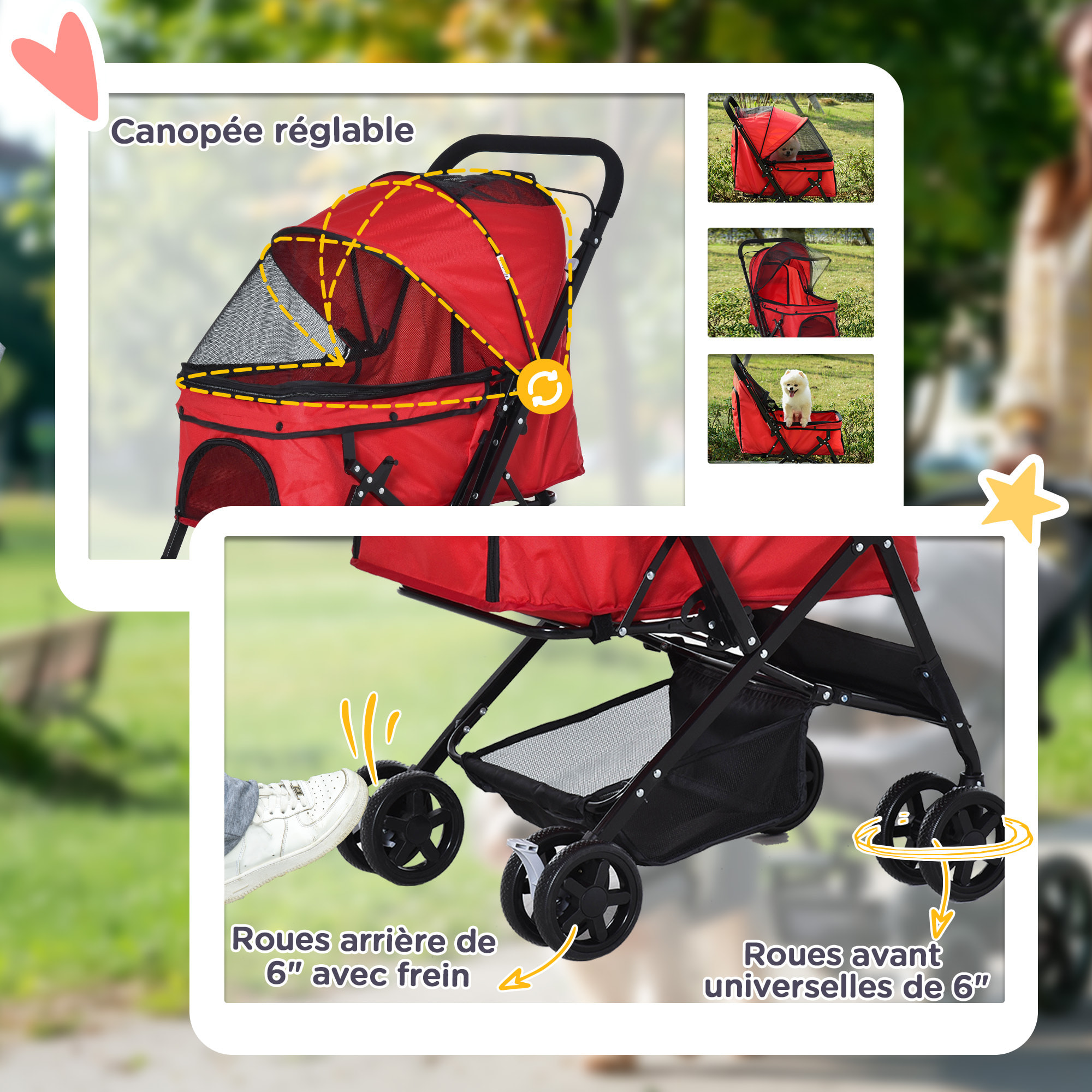 Poussette buggy pliable chien chat panier et sac de rangement attaches sécurité housse réglable poignée réglable acier Oxford rouge