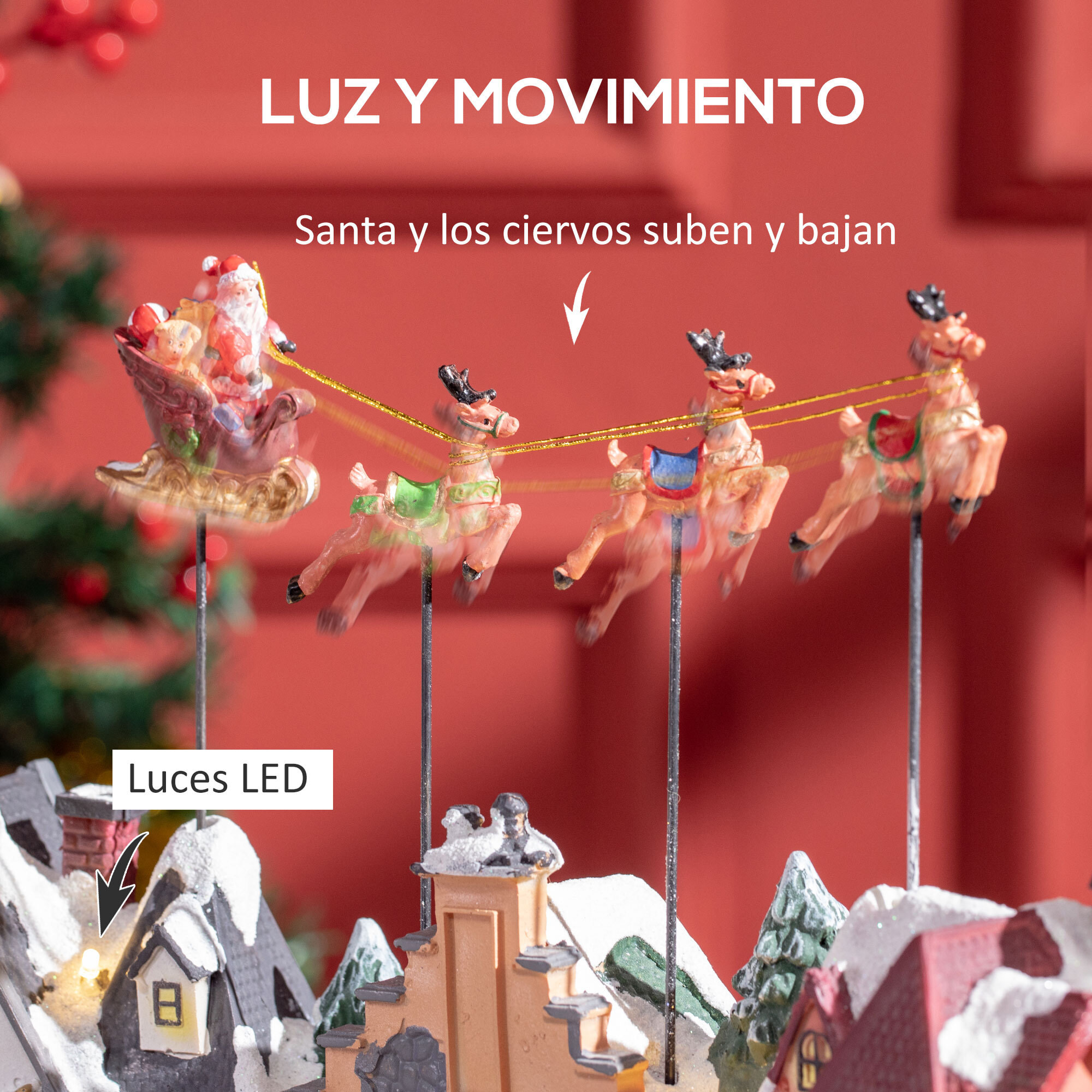 Pueblo Navideño Escena Navideña Iluminado con Luces LED Árbol de Navidad Papá Noel y Renos Móvil Decoración Navideña sobre Mesa 38,5x20,5x33 cm Multicolor