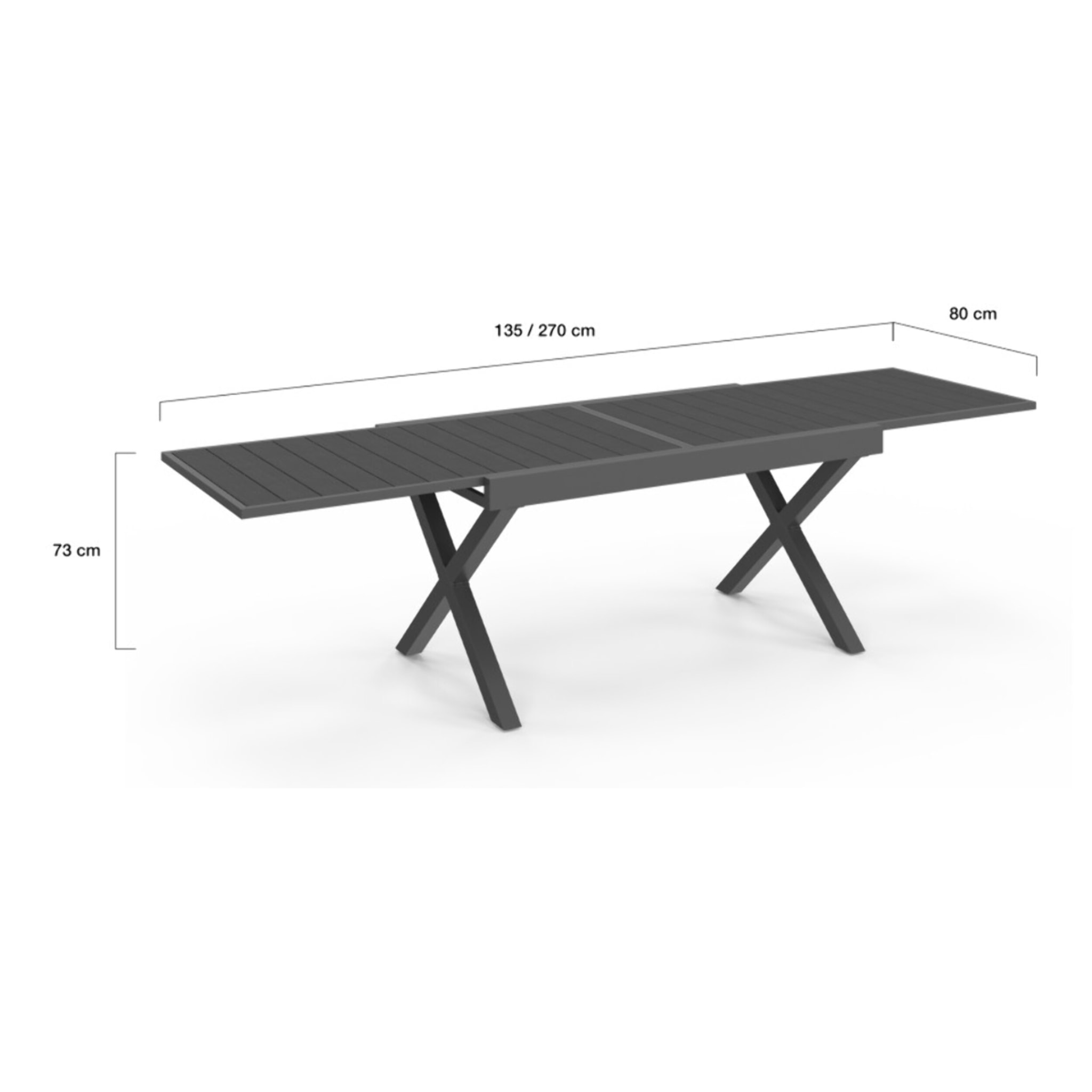 Table de jardin extensible en polywood gris anthracite et pieds croisés 135-270cm