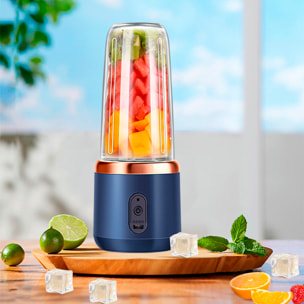 Frullatore elettrico doppio J001, portatile e ricaricabile, 400ml, 6 lame in acciaio, 21.000rpm e spegnimento automatico. Include 1 bicchiere frullatore aggiuntivo.