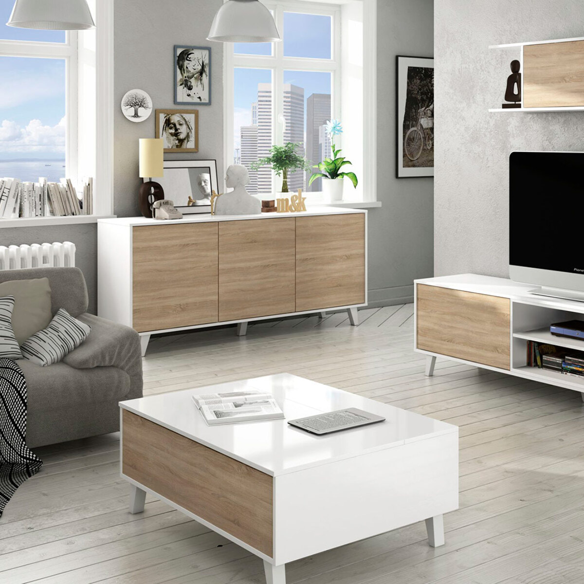 Mesa Centro Elevable 38x100x68 Cm Blanco Brillo/roble Canadian