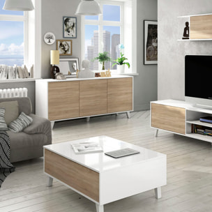 Mesa Centro Elevable 38x100x68 Cm Blanco Brillo/roble Canadian