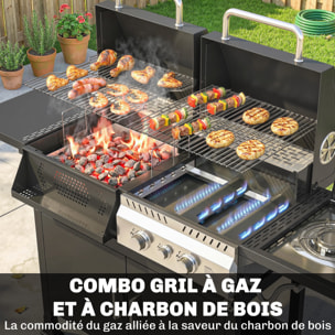 Barbecue hybride gaz et charbon de bois barbecue mixte 2 en 1 avec 3 brûleurs et feu latéral thermomètre - acier - noir