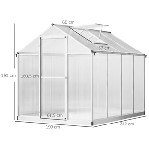 Serre de jardin aluminium polycarbonate 4,6 m² dim. 2,42L x 1,9l x 1,95H m fondation lucarne porte loquet