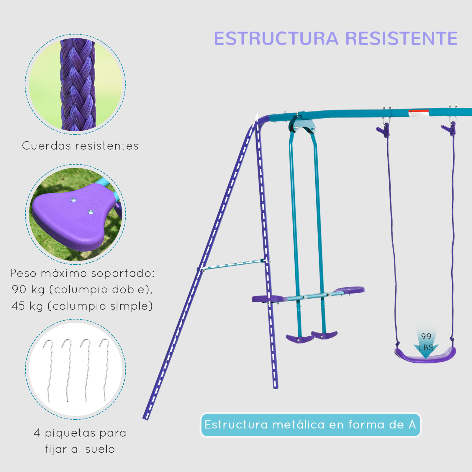 Juego de Columpios de Jardín de Metal con Altura Ajustable Columpios para Niños de +3 Años con Columpio Doble Balancín para Patio Terraza 280x140x176 cm Azul y Morado