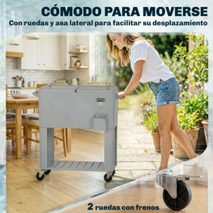 Carrito Nevera de 76L con Ruedas, Carro de Bebidas con Estante, Abrebotellas, Recogetapas, Drenaje y 2 Asas, Mesa Nevera Jardín Exterior para Patio, Fiesta, BBQ, 92x39x81 cm, Plateado