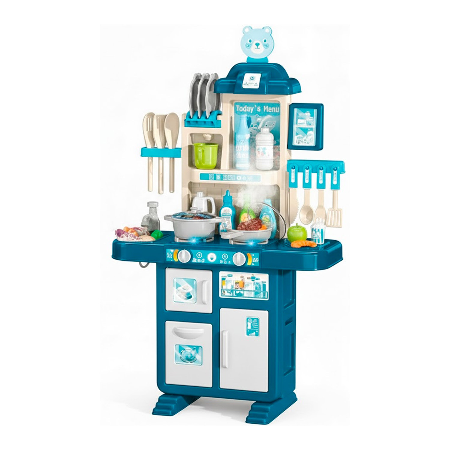 Cucina Giocattolo Per Bambini Con Luci E Suoni Realistici 69 Accessori Rubinetto Con Sistema Di Riciclo Dell'Acqua E Fornelli 3-5 Anni Blu e Bianco