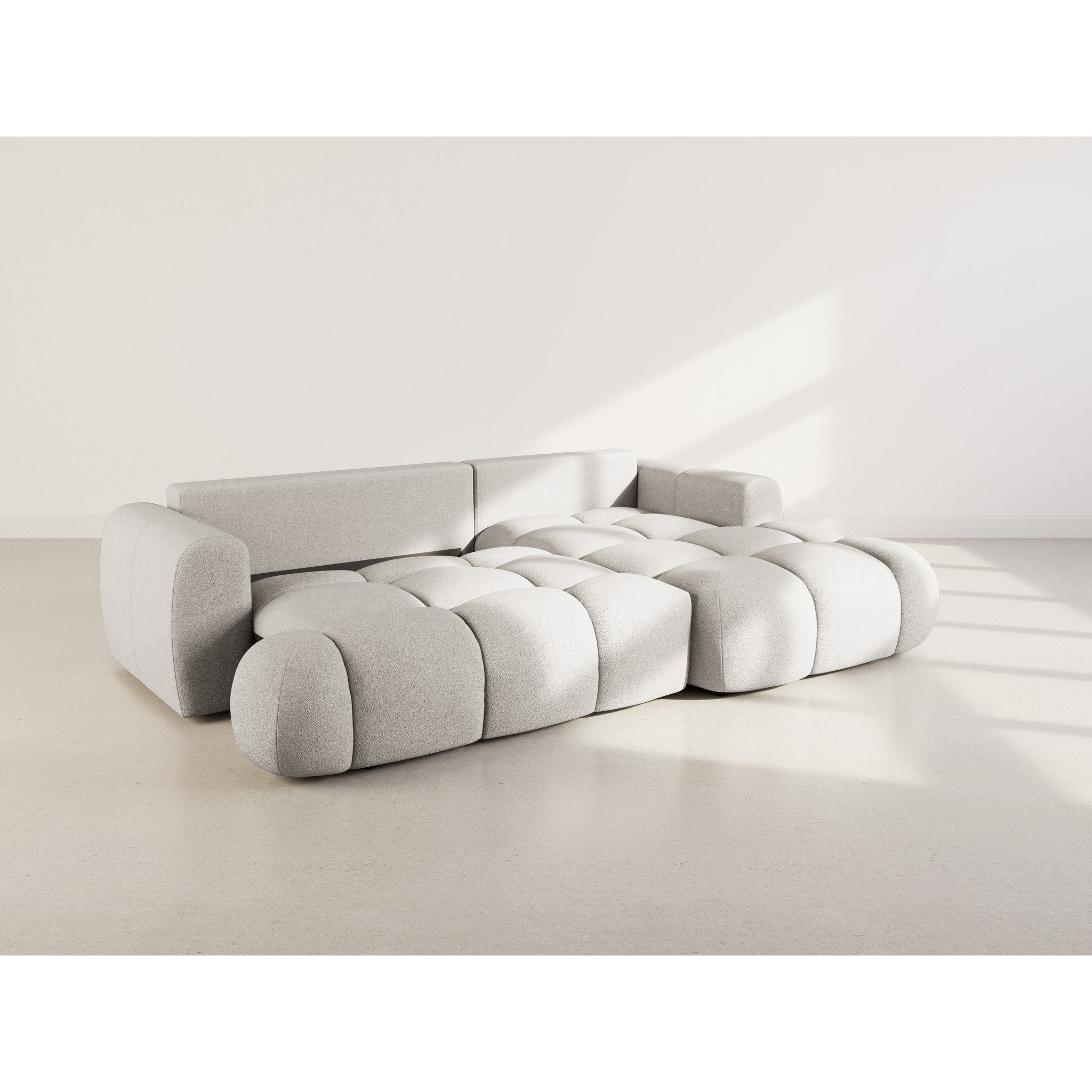 Yulin - Canapé d'angle droit 4 places convertible avec coffre en tissu bouclette - Gris clair