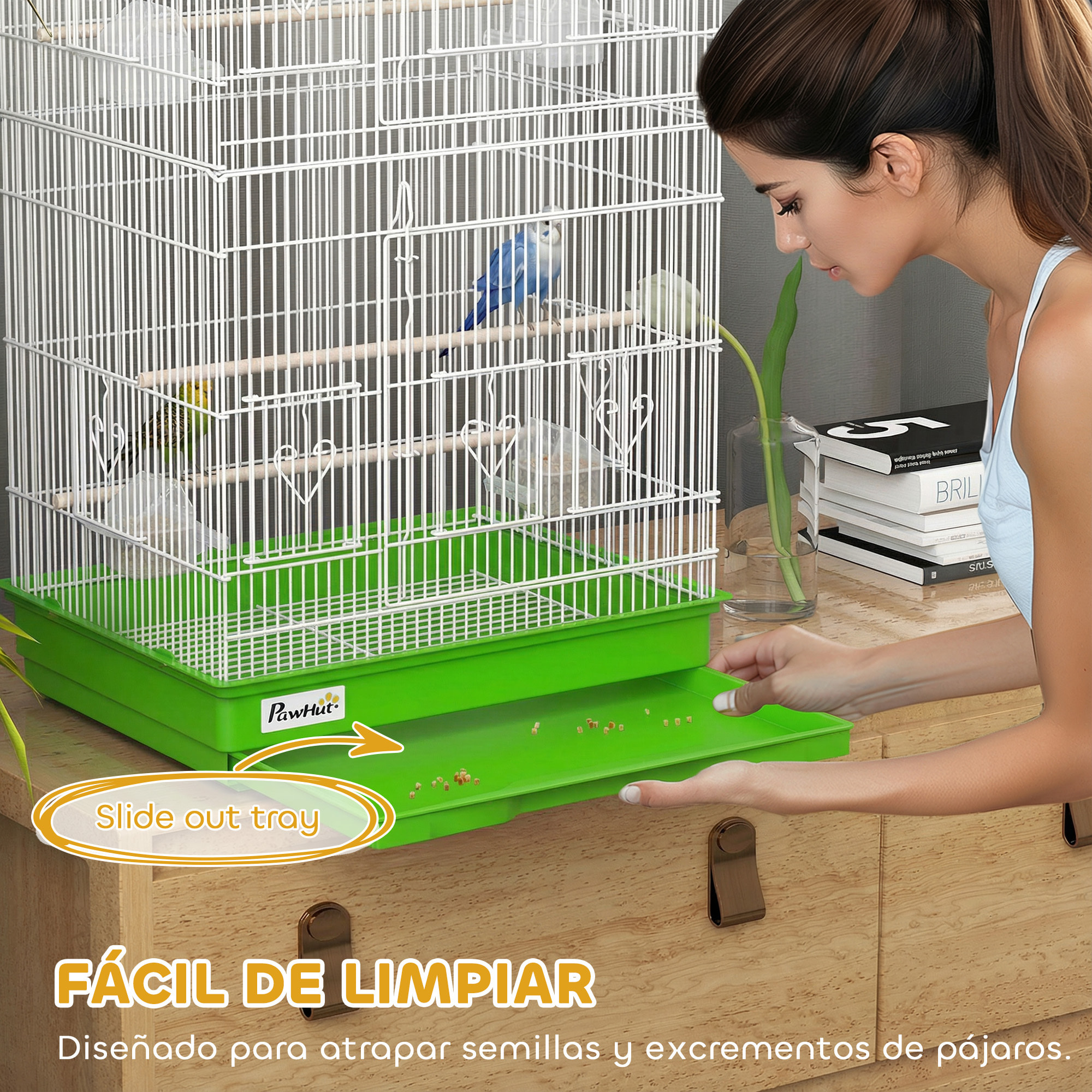 Jaula para Pájaros, Jaula de Metal para Pájaros con Puertas, 4 Comederos, 3 Perchas, Columpio, Bandeja Extraíble y Asa de Transporte, para Loro, Canario, Periquito, 46,5x35,5x92 cm, Verde