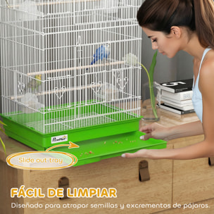 Jaula para Pájaros, Jaula de Metal para Pájaros con Puertas, 4 Comederos, 3 Perchas, Columpio, Bandeja Extraíble y Asa de Transporte, para Loro, Canario, Periquito, 46,5x35,5x92 cm, Verde