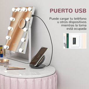 Hollywood Espejo de Maquillaje con Luz Espejo de Tocador Giratorio 30x40 cm con 12 Bombillas LED 3 Modos de Iluminación Ajustables Interruptor Táctil Soporte para Teléfono y Puerto USB Blanco