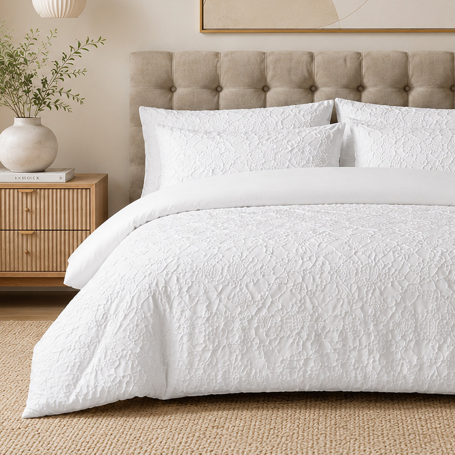 Parure housse de couette 100% microfibre jacquard organique végétal blanc - FOLIA