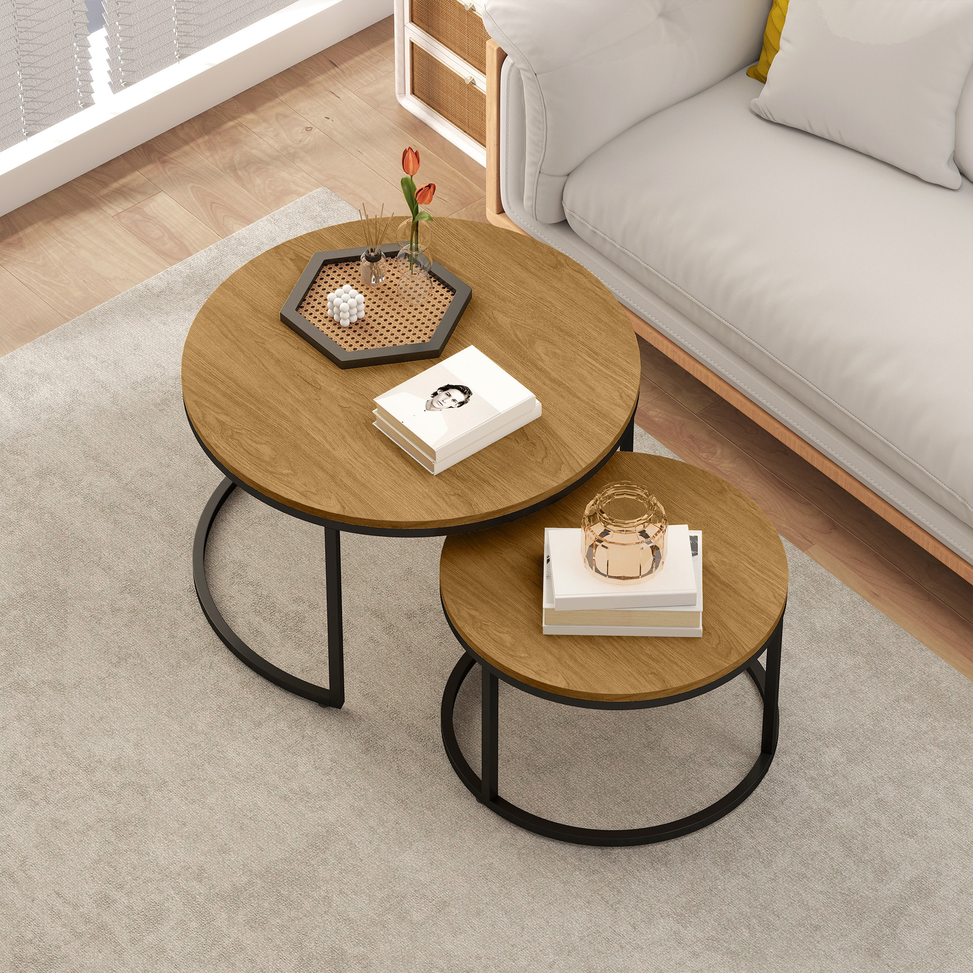 Lot de 2 tables basses rondes gigognes empilables piètement acier plateau effet bois chêne moyen