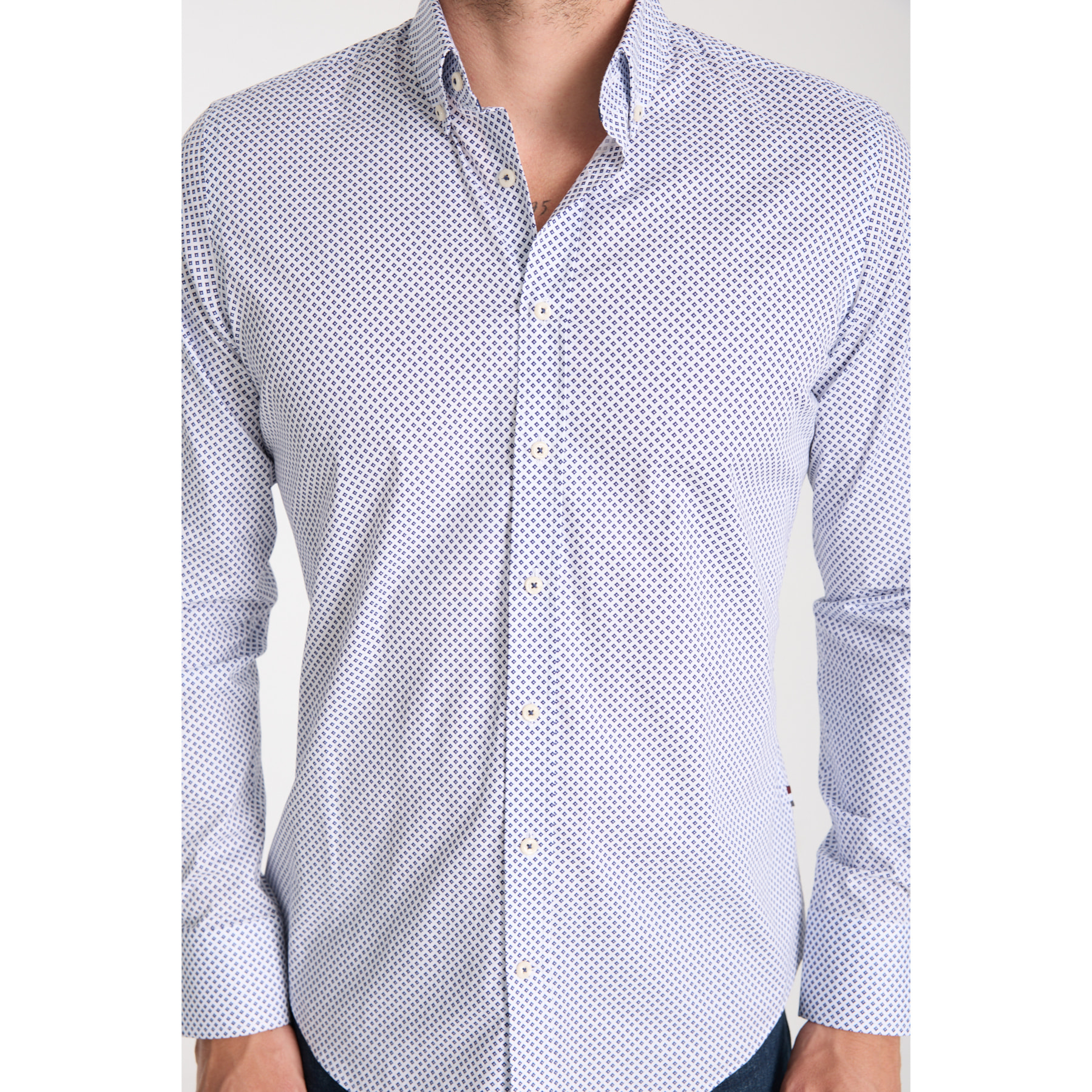 camicia uomo 1 bottone button down slim Popeline Stretch Stampato Bianco e Blu