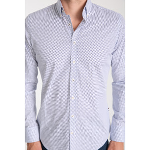 camicia uomo 1 bottone button down slim Popeline Stretch Stampato Bianco e Blu