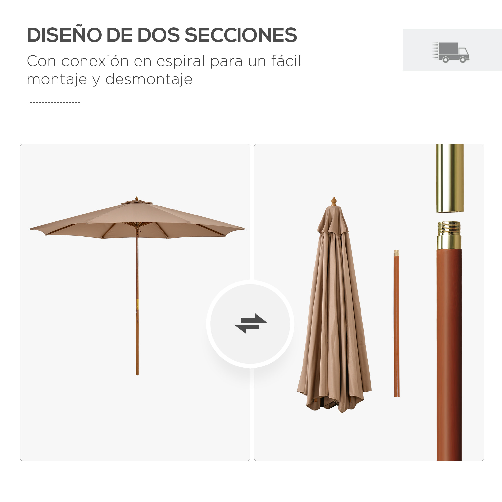Sombrilla Terraza Exterior Ø300 cm Sombrilla de Jardín con Sistema de Polea Techo Ventilado y Poste Desmontable de Madera Parasol para Patio Terraza Caqui