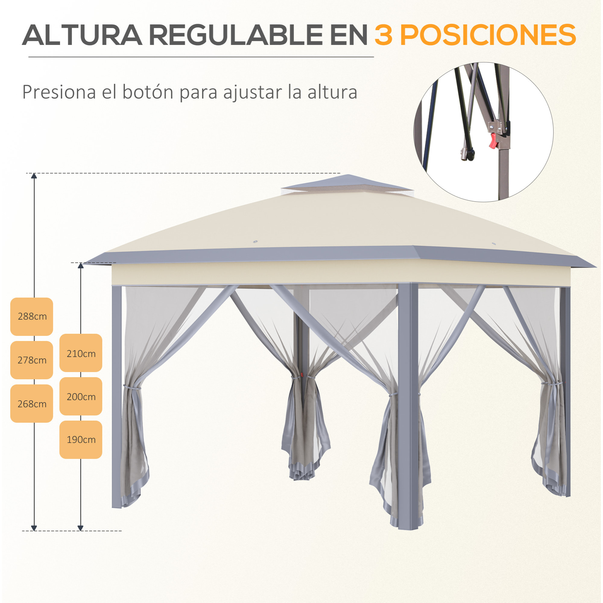 Carpa Plegable 3,3x3,3 m Altura Ajustable Cenador de Jardín con Doble Techo 4 Mosquiteras Extraíbles y Bolsa de Transporte para Camping Fiestas Beige